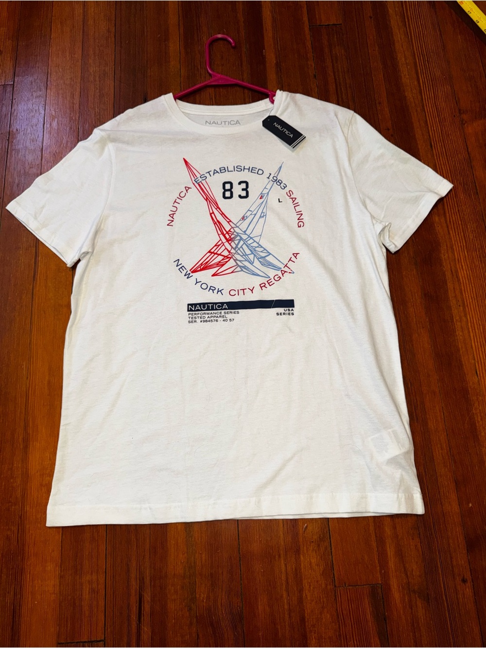 Nautica Men’s White Crewneck Tee with Red & Blue Regatta Graphic